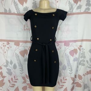 Fashion Nova Black Ribbed Mini Dress Gold Button Detail Belt Tie Sz Small
